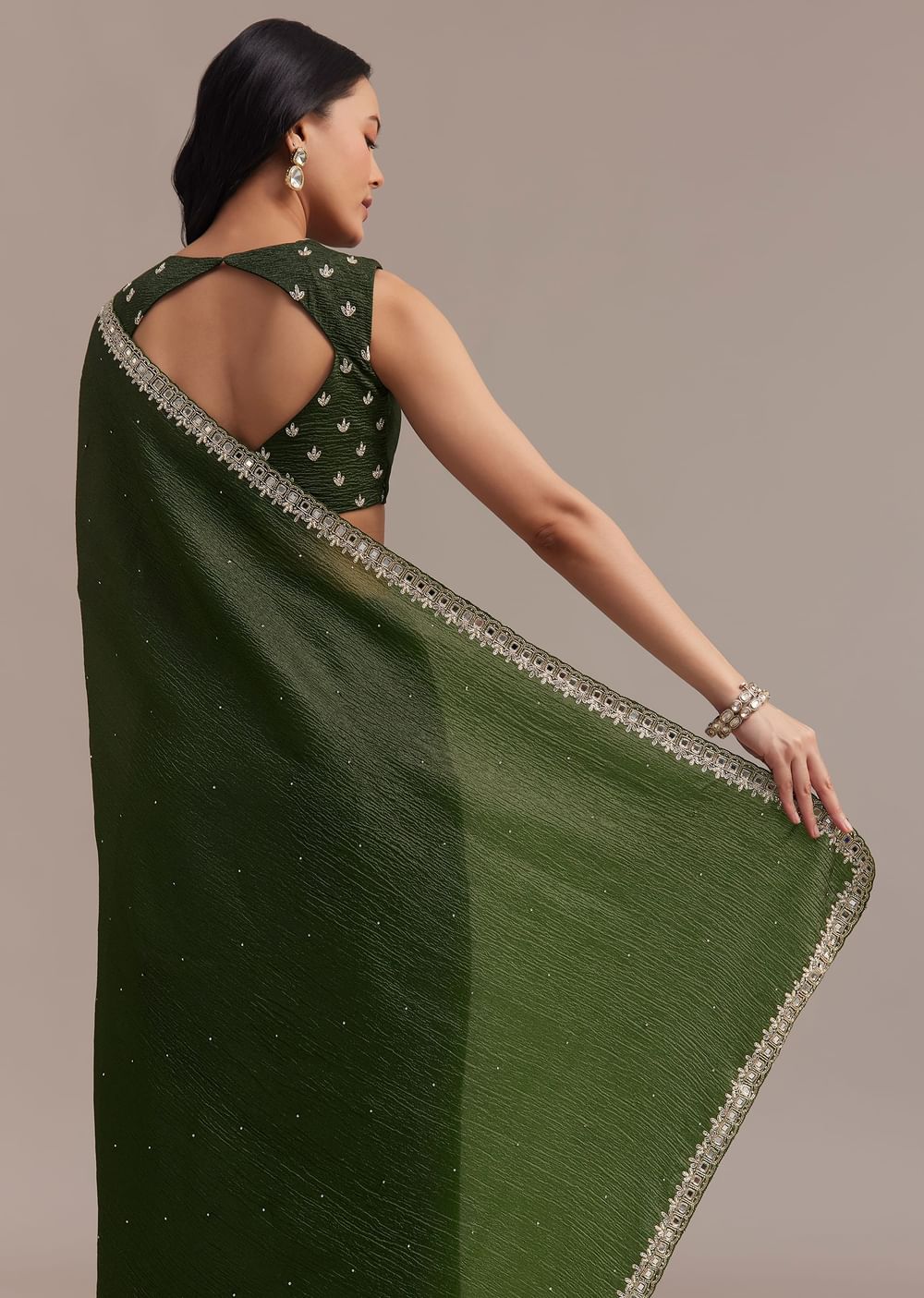 Mehendi Green Crushed Tissue Saree With Embellished Border