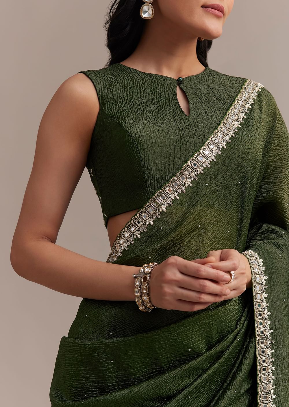 Mehendi Green Crushed Tissue Saree With Embellished Border