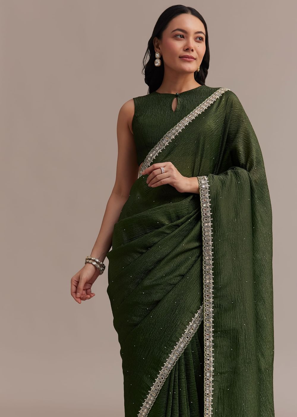 Mehendi Green Crushed Tissue Saree With Embellished Border