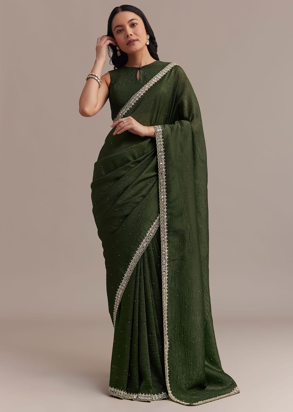 Mehendi Green Crushed Tissue Saree With Embellished Border