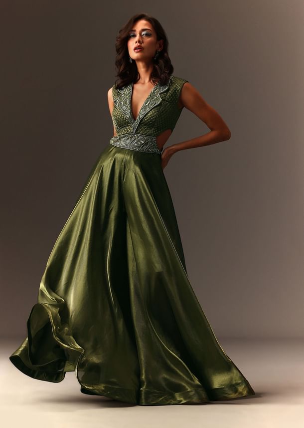 Mehendi Green Embroidered Jumpsuit