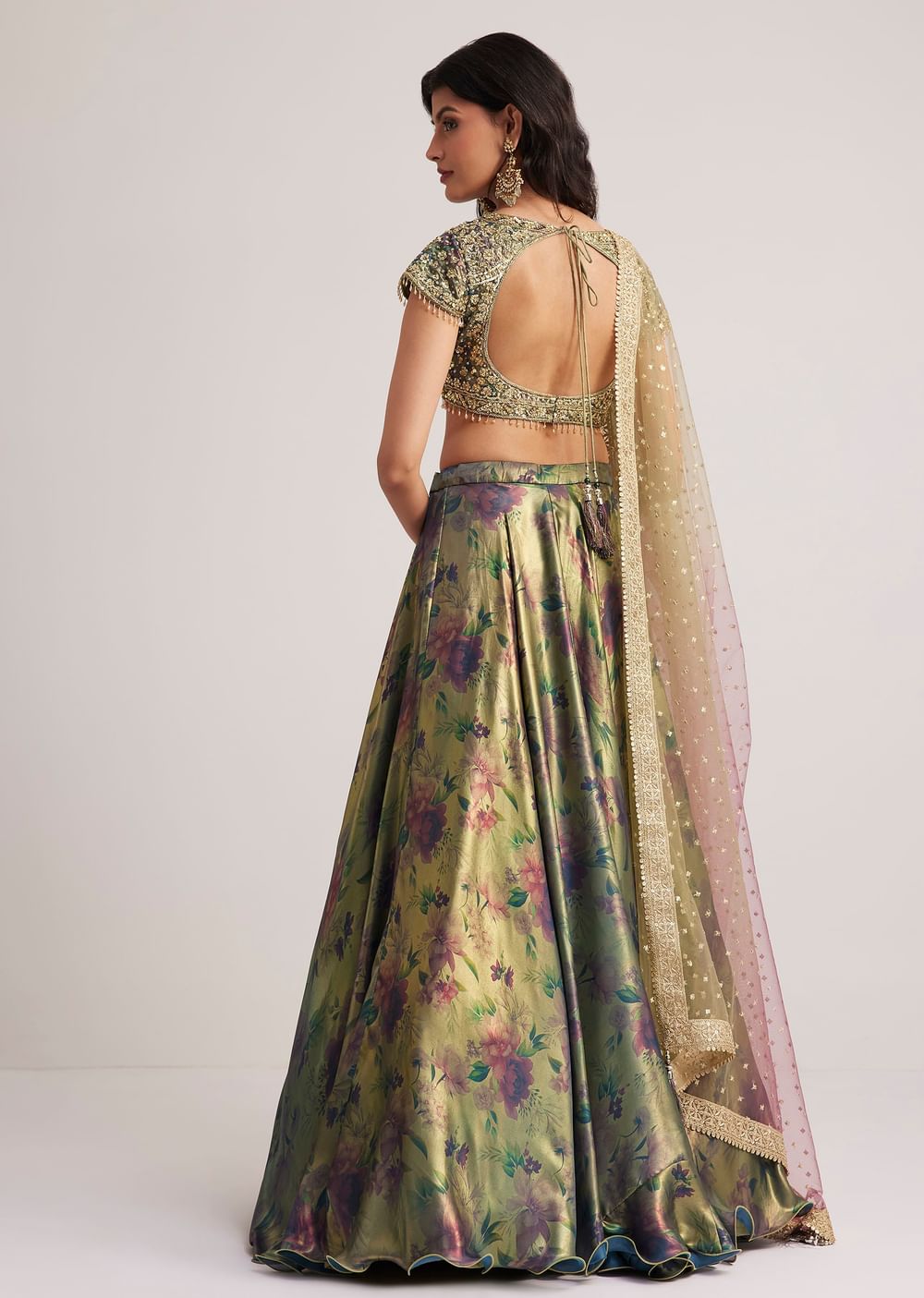 Mehendi Green Floral Printed Satin Lehenga Set