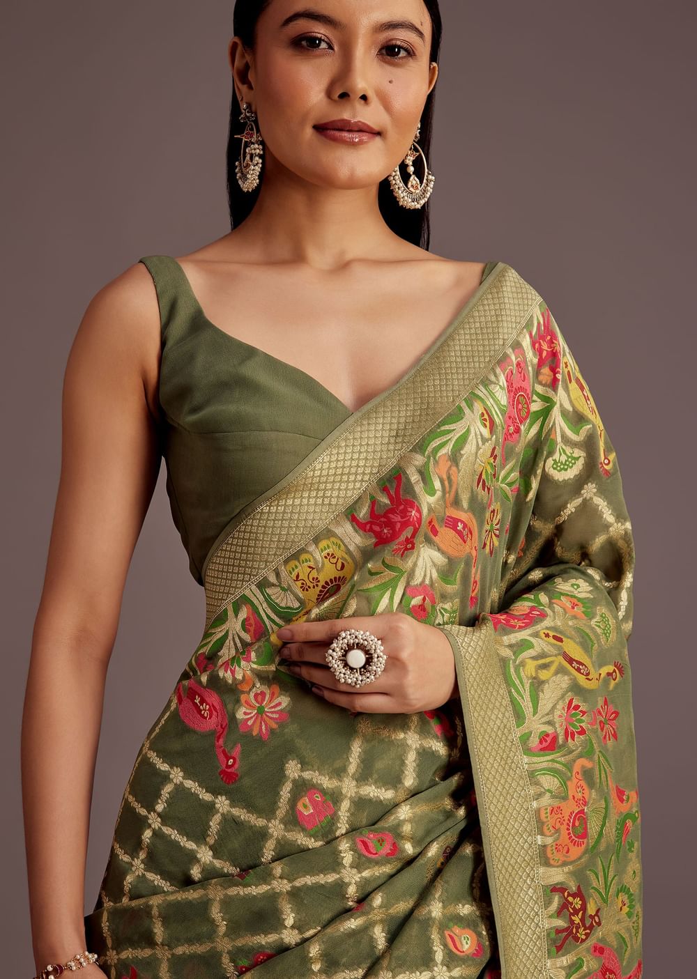 Mehendi Green Georgette Saree With Jaal And Animal-Bird Motifs