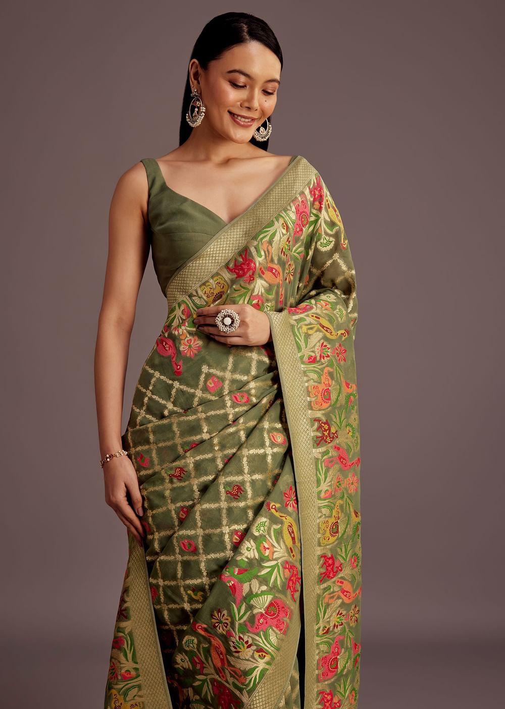 Mehendi Green Georgette Saree With Jaal And Animal-Bird Motifs