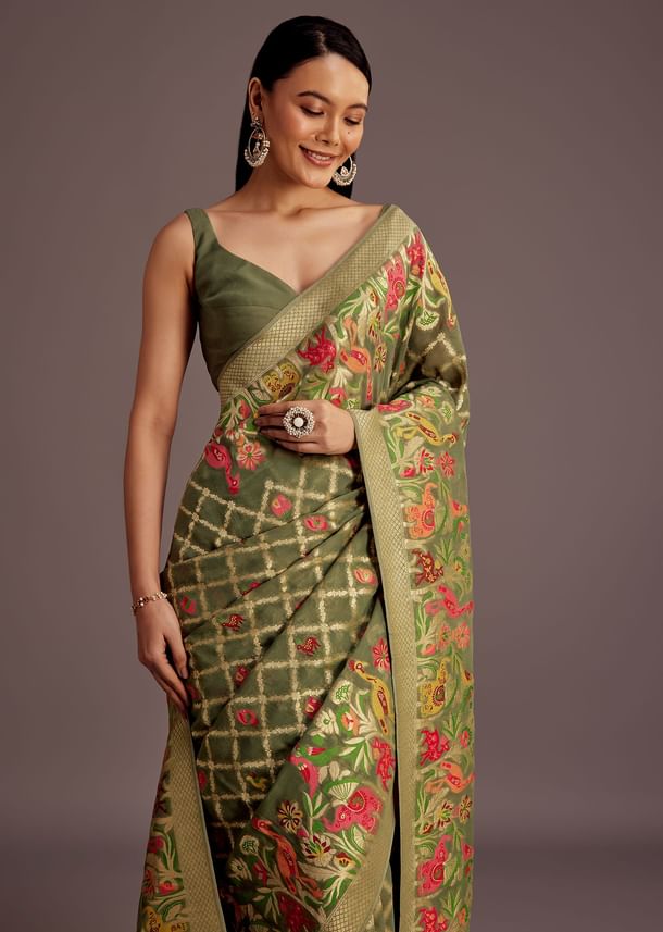 Mehendi Green Georgette Saree With Jaal And Animal-Bird Motifs