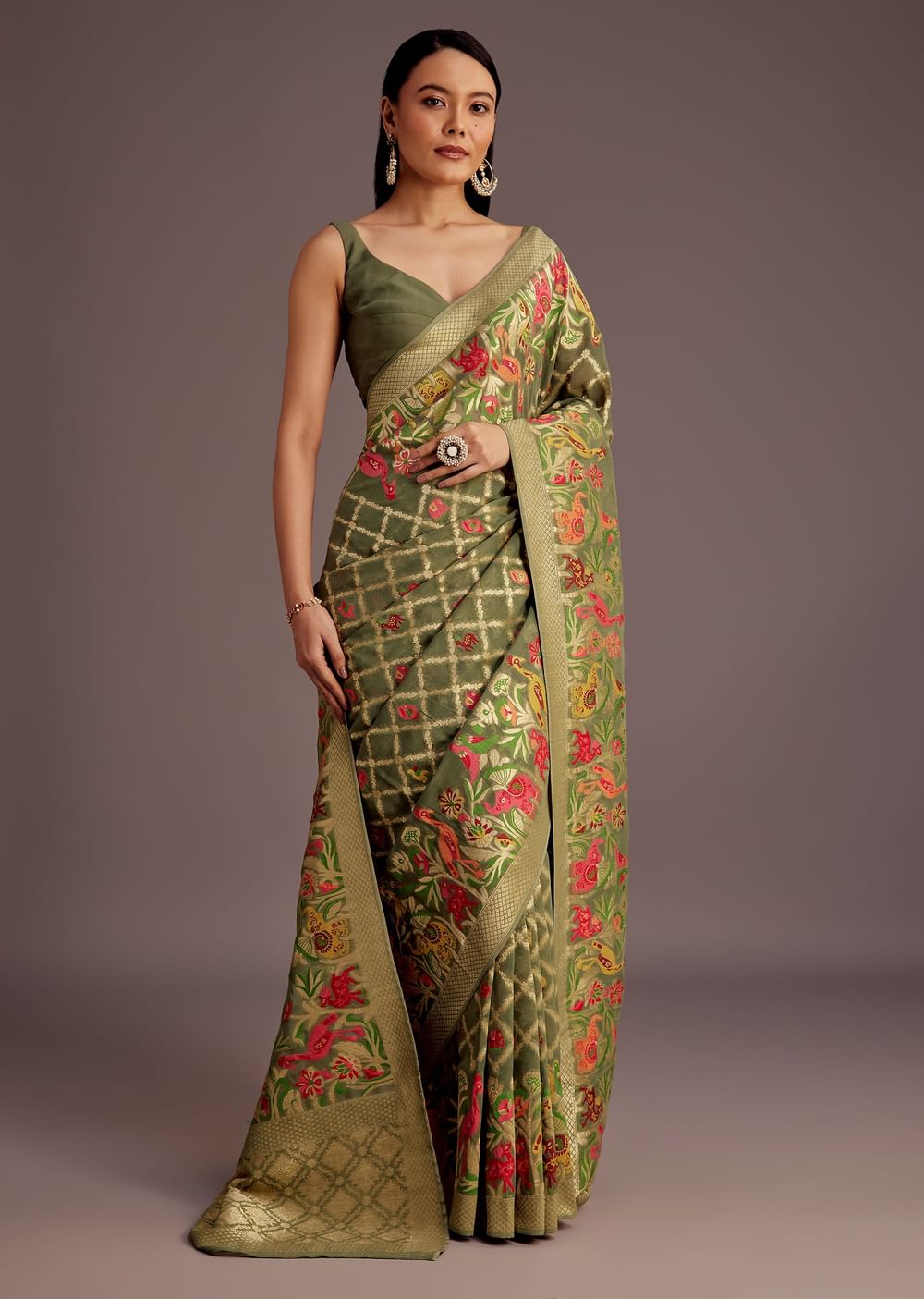 Mehendi Green Georgette Saree With Jaal And Animal-Bird Motifs