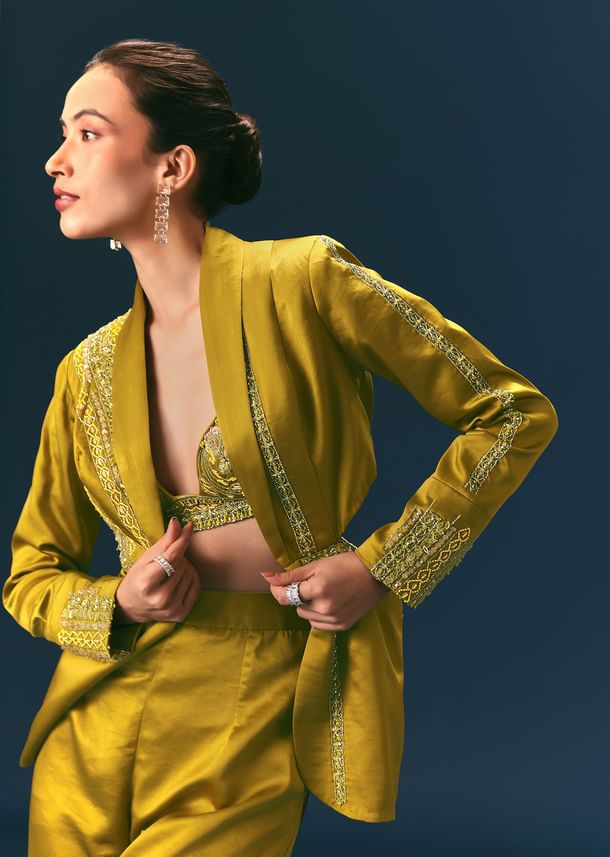 Mehendi Green Hand Embroidered Blouse With Jacket And Bell Bottom Pants