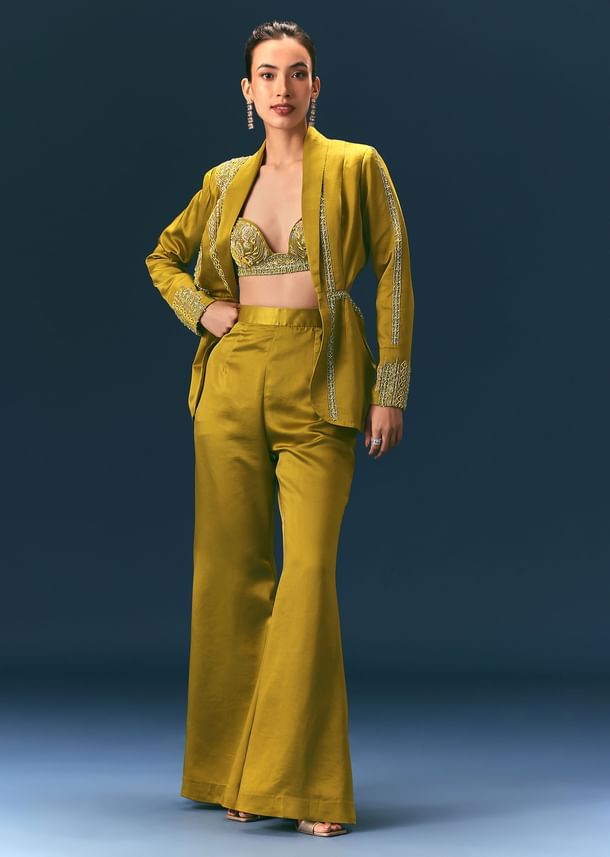 Mehendi Green Hand Embroidered Blouse With Jacket And Bell Bottom Pants