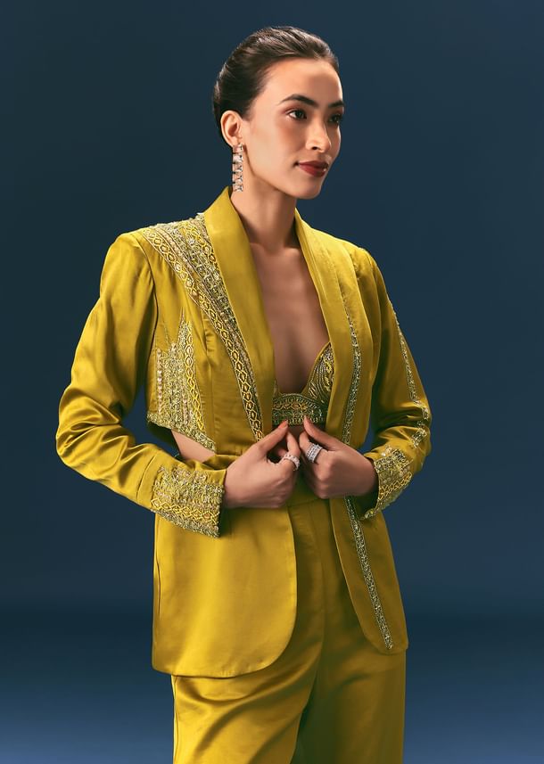 Mehendi Green Hand Embroidered Blouse With Jacket And Bell Bottom Pants