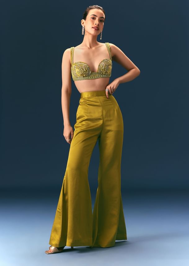 Mehendi Green Hand Embroidered Blouse With Jacket And Bell Bottom Pants