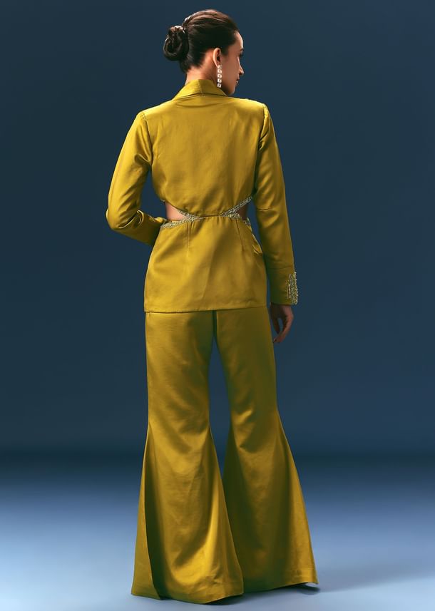 Mehendi Green Hand Embroidered Blouse With Jacket And Bell Bottom Pants