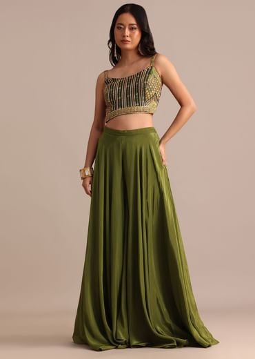 Mehendi Green Satin Palazzo Suit With Embroidered Cape