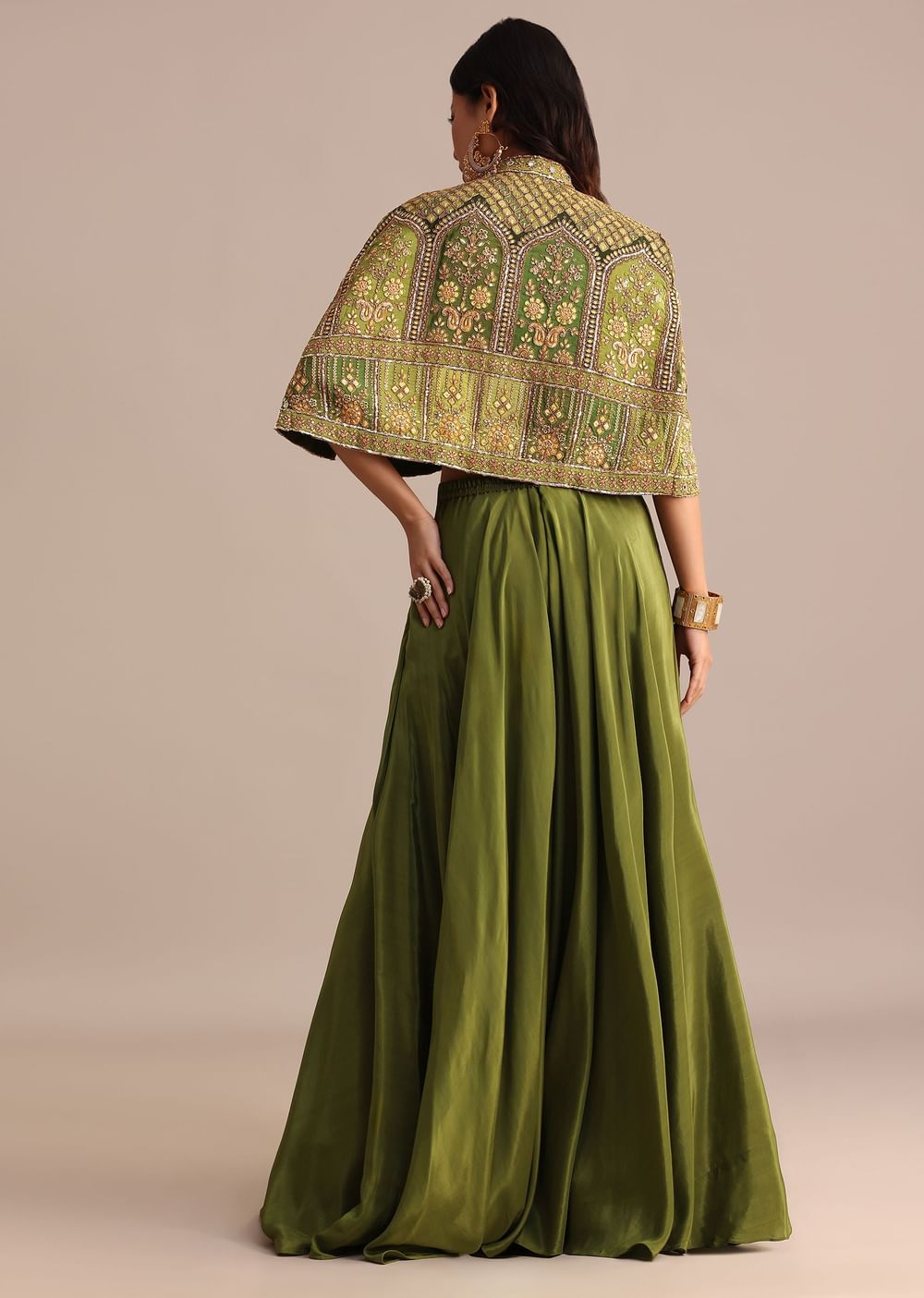 Mehendi Green Satin Palazzo Suit With Embroidered Cape