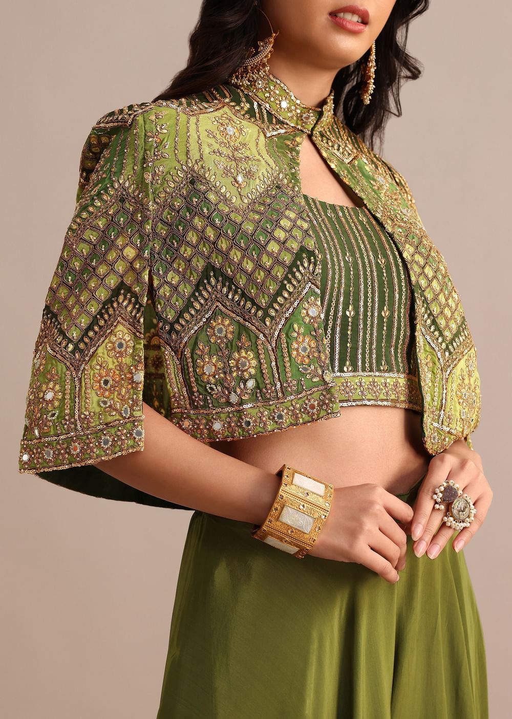 Mehendi Green Satin Palazzo Suit With Embroidered Cape