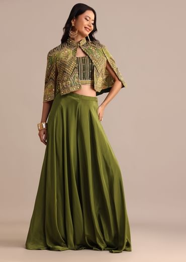Mehendi Green Satin Palazzo Suit With Embroidered Cape