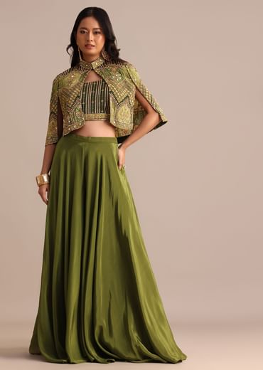 Mehendi Green Satin Palazzo Suit With Embroidered Cape