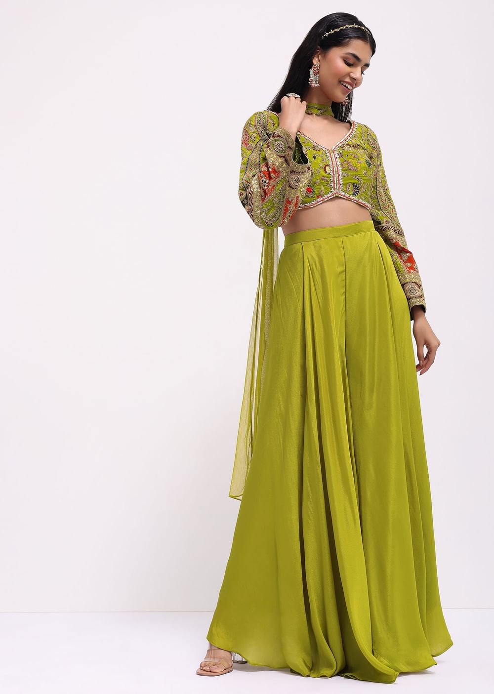 Mehendi Green Silk Crop Top And Palazzo With Zari Work