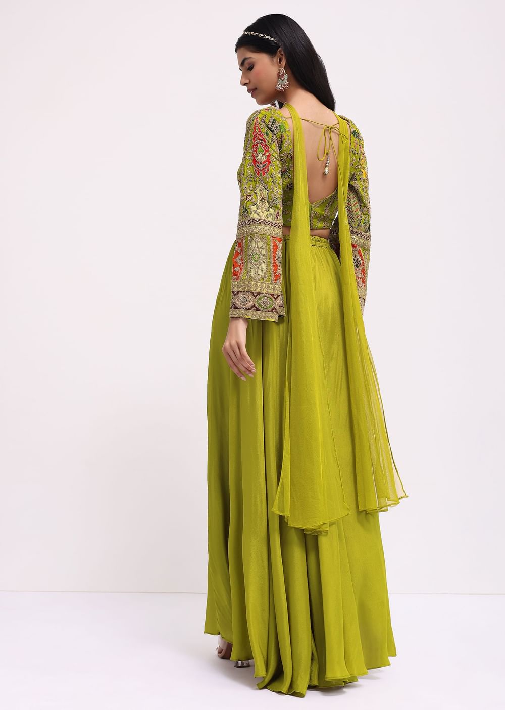 Mehendi Green Silk Crop Top And Palazzo With Zari Work