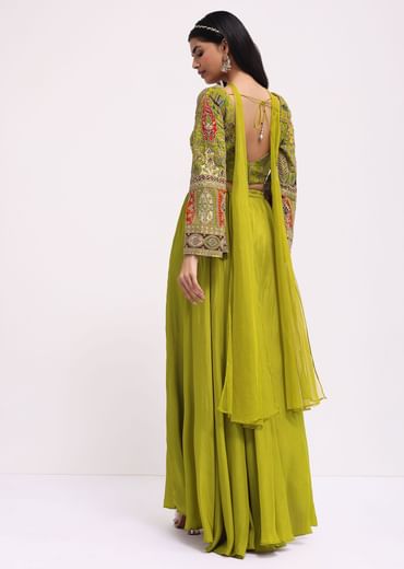 Mehendi Green Silk Crop Top And Palazzo With Zari Work