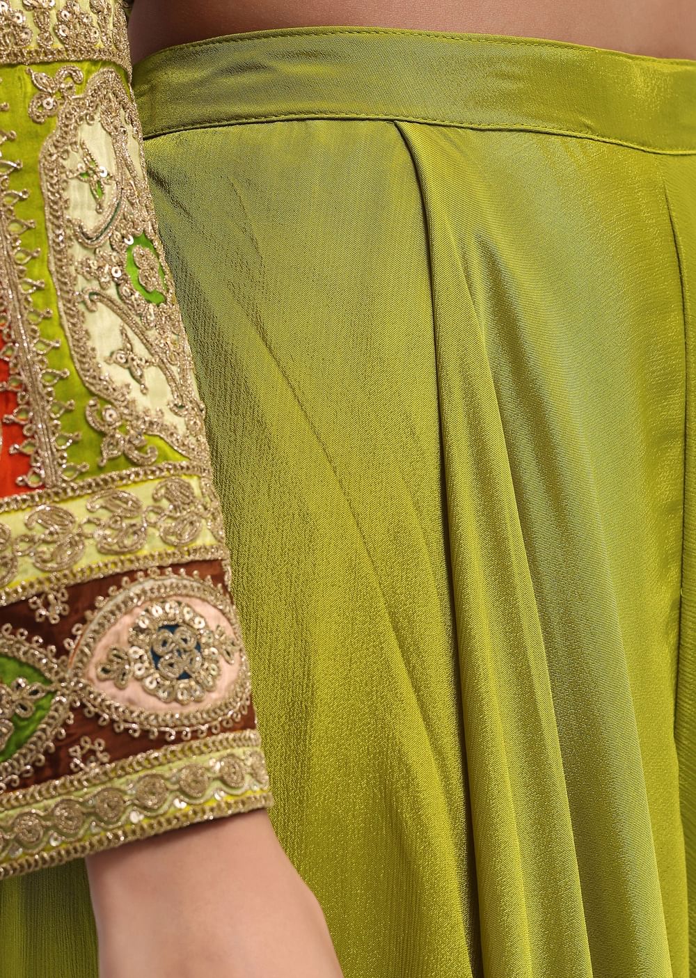 Mehendi Green Silk Crop Top And Palazzo With Zari Work