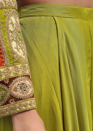 Mehendi Green Silk Crop Top And Palazzo With Zari Work