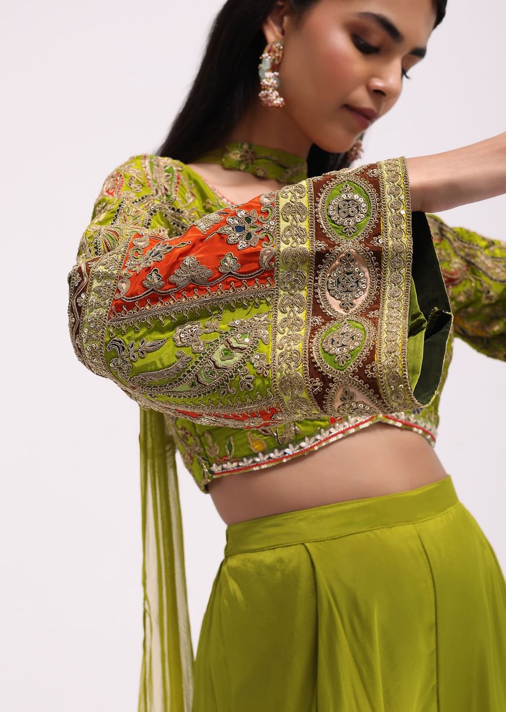 Mehendi Green Silk Crop Top And Palazzo With Zari Work