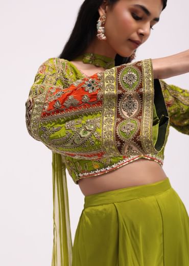 Mehendi Green Silk Crop Top And Palazzo With Zari Work