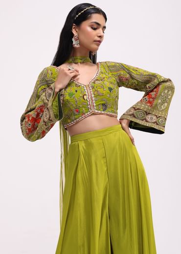 Mehendi Green Silk Crop Top And Palazzo With Zari Work