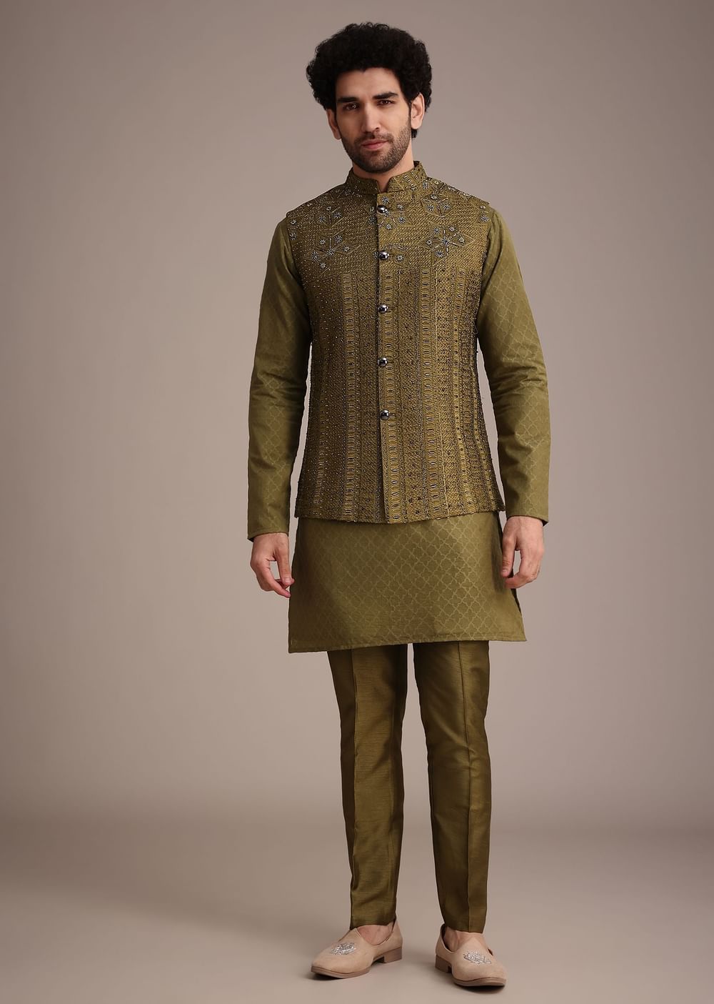 Mehendi Green Silk Kurta Jacket Set With Zardosi And Thread Work