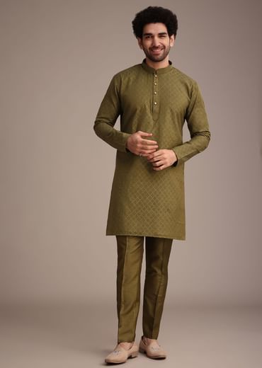 Mehendi Green Silk Kurta Jacket Set With Zardosi And Thread Work