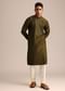 Mehendi Green Silk Kurta Pant Set With Mandarin Collar