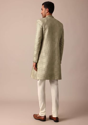 Mehendi Green Silk Sherwani With Intricate Embroidery