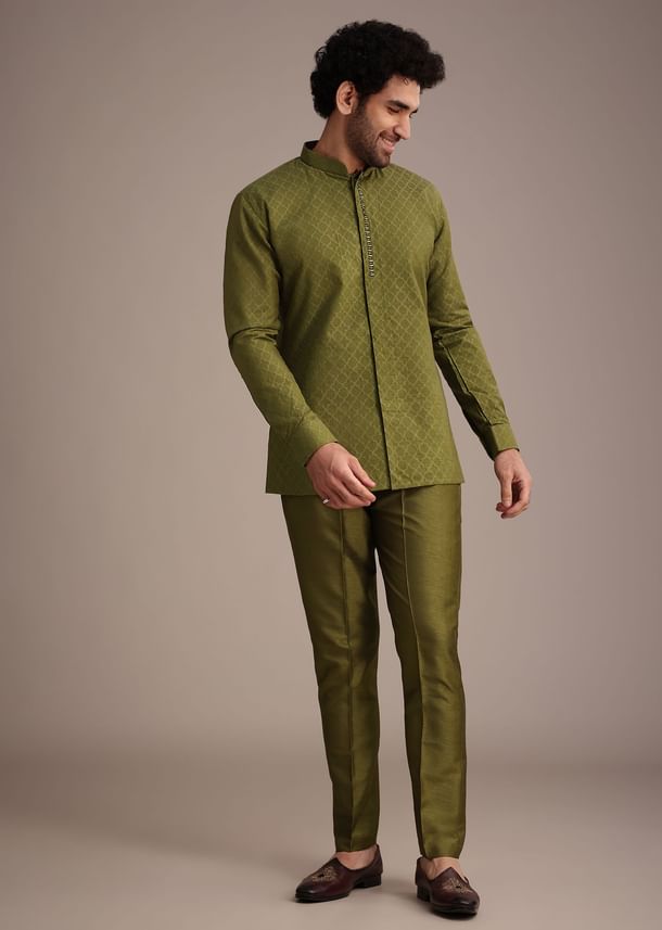 Mehendi Green Silk Zardosi Kurta Jacket Set