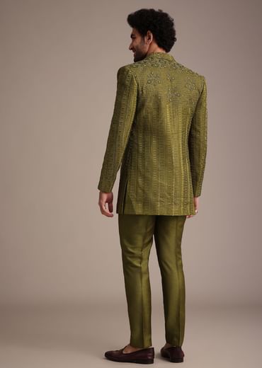 Mehendi Green Silk Zardosi Kurta Jacket Set