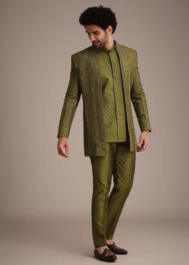 Mehendi Green Silk Zardosi Kurta Jacket Set