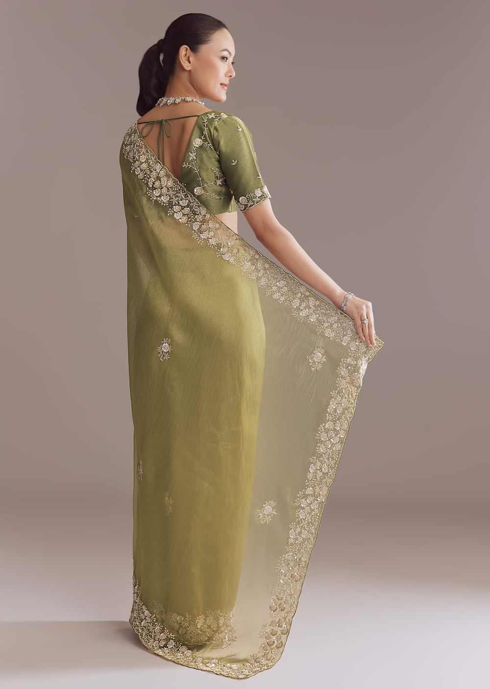 Mehendi Green Tissue Saree With Heavy Floral Embroidery