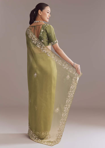 Mehendi Green Tissue Saree With Heavy Floral Embroidery