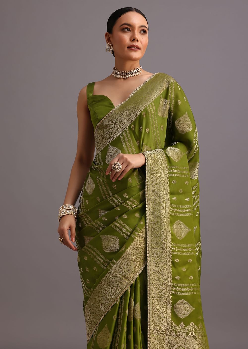 Mehendi Green Zari Woven Satin Silk Saree And Brocade Border