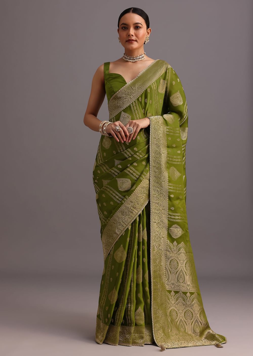 Mehendi Green Zari Woven Satin Silk Saree And Brocade Border
