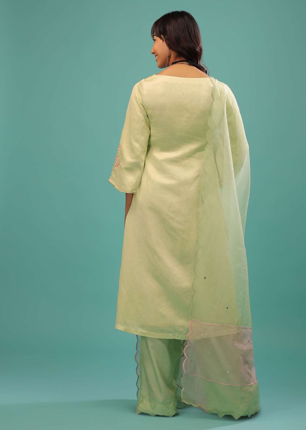 Lime Green Linen Satin Straight Cut Palazzo Suit With Floral Embroidery On The Sleeves