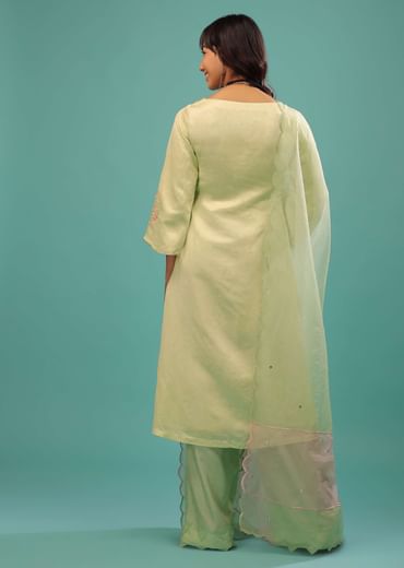 Lime Green Linen Satin Straight Cut Palazzo Suit With Floral Embroidery On The Sleeves