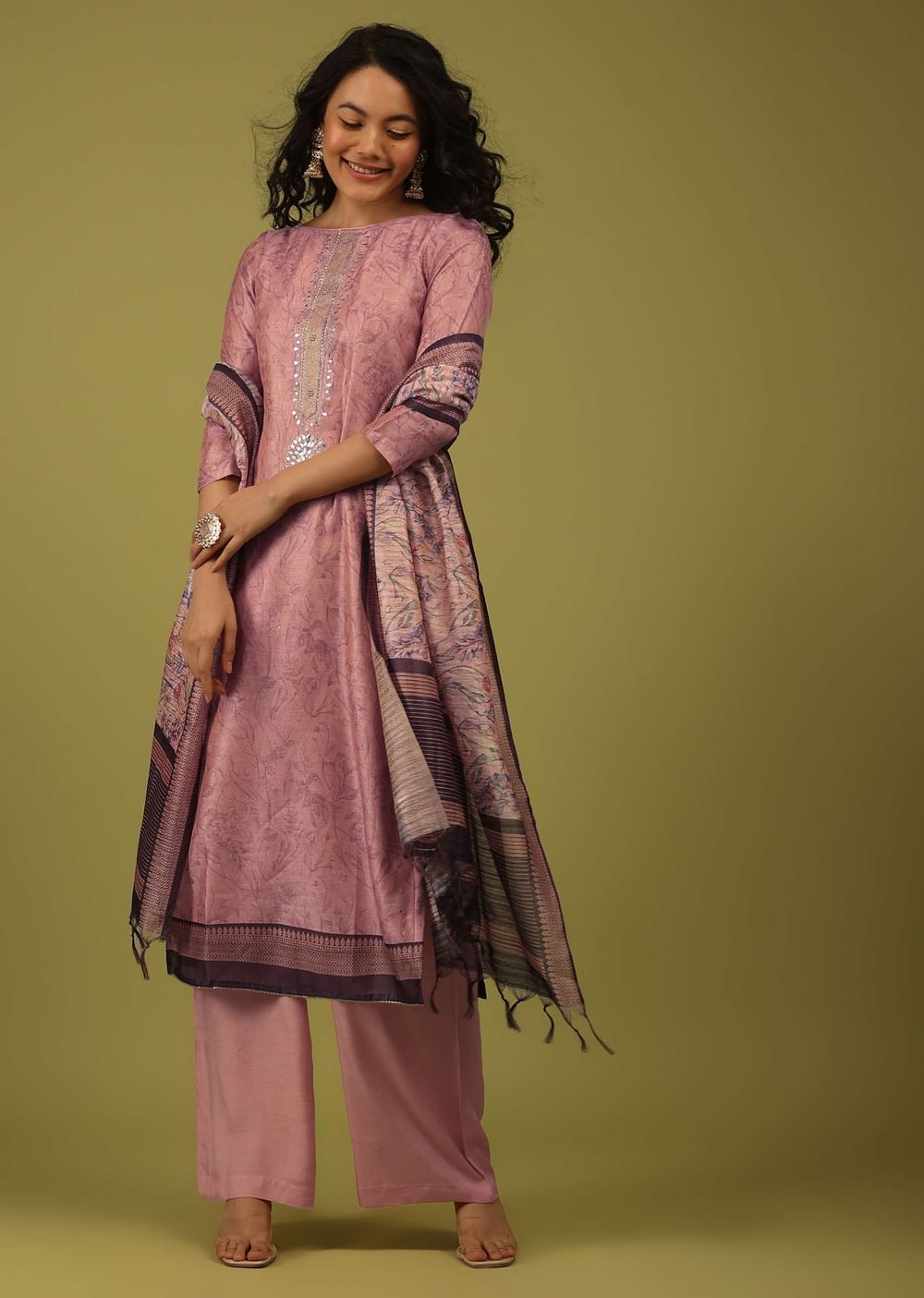 Mellow Rose Pink Vintage Floral Printed Palazzo Suit Set In Chanderi