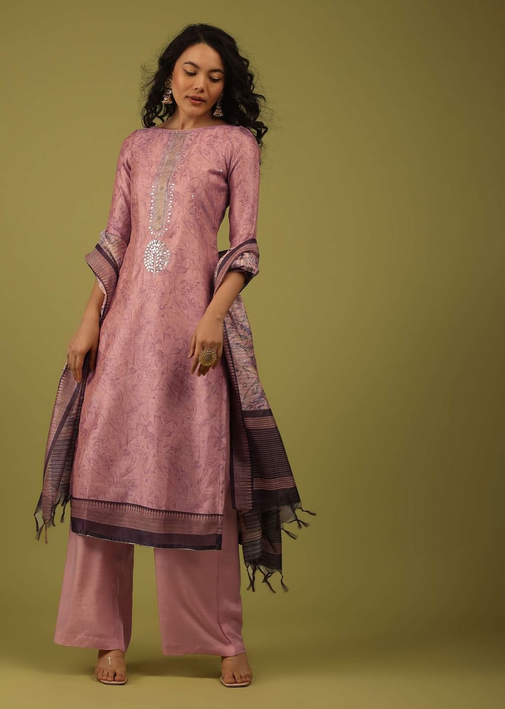 Mellow Rose Pink Vintage Floral Printed Palazzo Suit Set In Chanderi