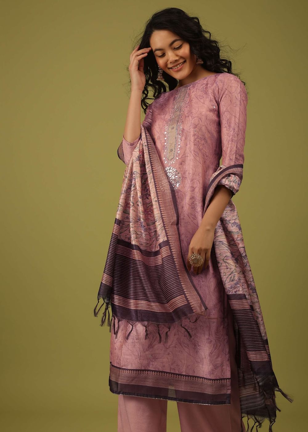 Mellow Rose Pink Vintage Floral Printed Palazzo Suit Set In Chanderi