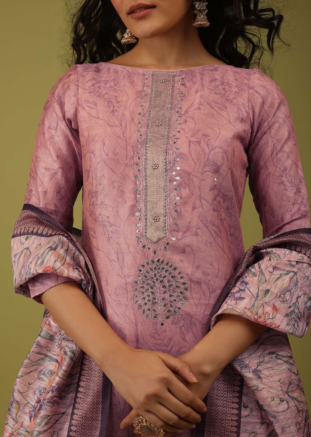Mellow Rose Pink Vintage Floral Printed Palazzo Suit Set In Chanderi
