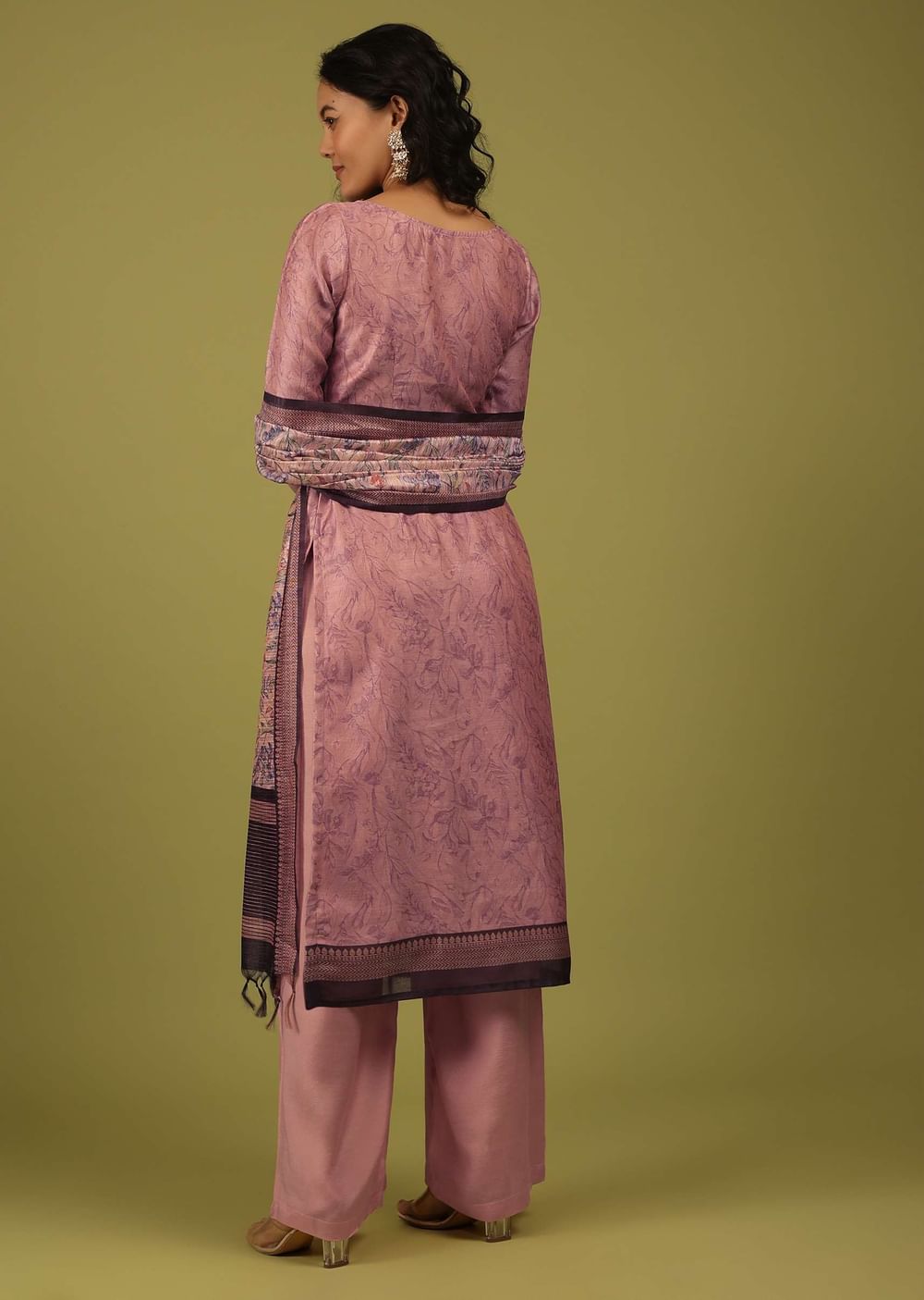 Mellow Rose Pink Vintage Floral Printed Palazzo Suit Set In Chanderi
