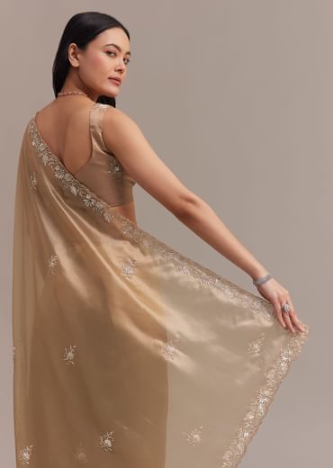 Metallic Gold Organza Tissue Saree With Cutdana And Bead Embroidery