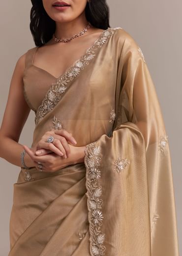 Metallic Gold Organza Tissue Saree With Cutdana And Bead Embroidery