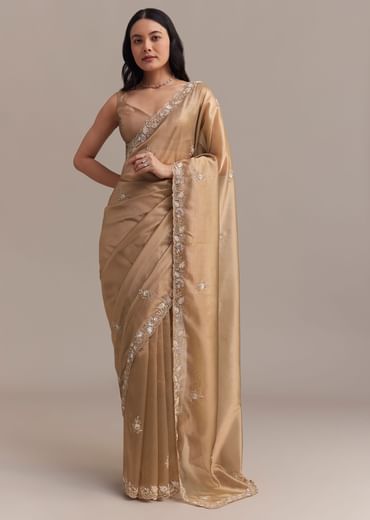 Metallic Gold Organza Tissue Saree With Cutdana And Bead Embroidery