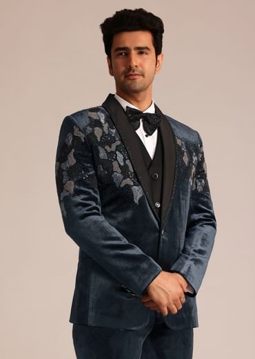 Metallic Grey Velvet Suit With Zardosi Detailing